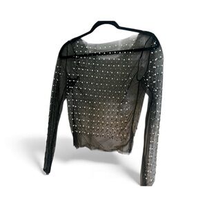 Elegant Black Sheer Pearl-Embellished L/S Top - S